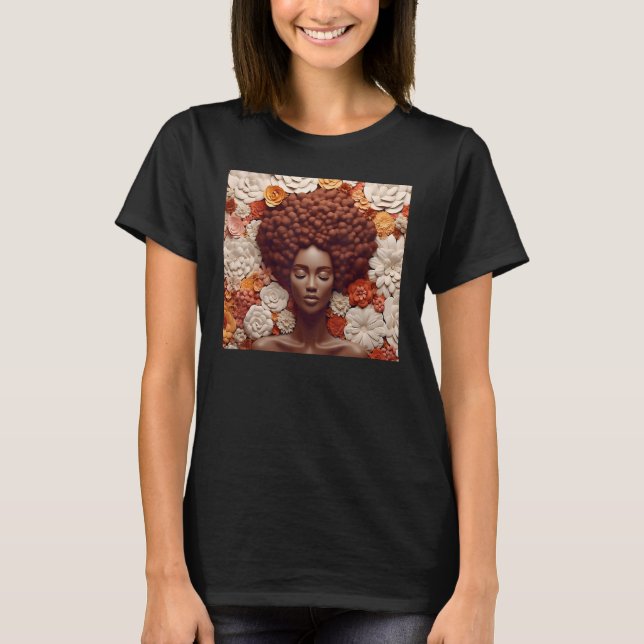 T-shirt Afro Woman Floral Black Queen Puff Melanin Orange  (Devant)