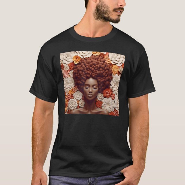 T-shirt Afro Woman Floral Black Queen Puff Melanin Orange  (Devant)