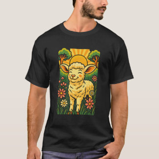 T-shirt Agneau souriant avec des fleurs et du soleil