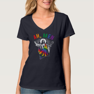 T-shirt Ah Men Funny LGBT Gay pride Jesus Rainbow Flag Chr
