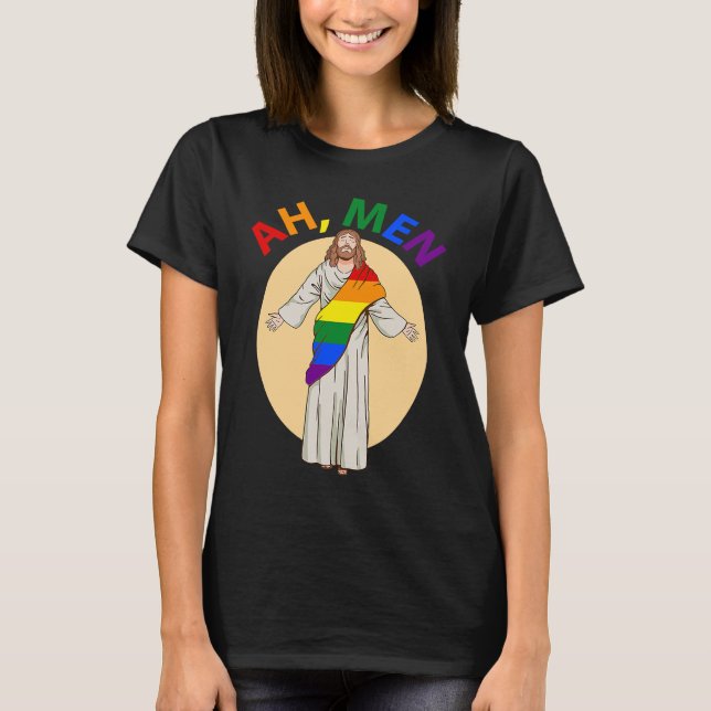 T-shirt Ah Men Gay Pride Jesus Rainbow  LGBT Flag Christia (Devant)