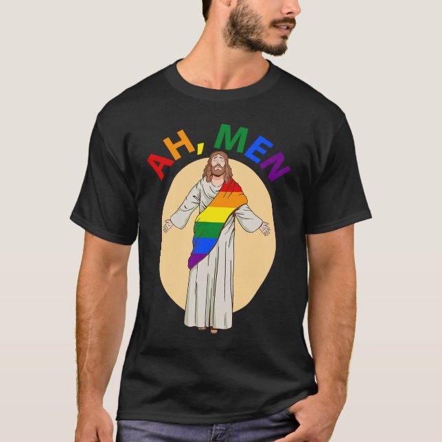 T-shirt Ah Men Gay Pride Jesus Rainbow  LGBT Flag Christia (Devant)