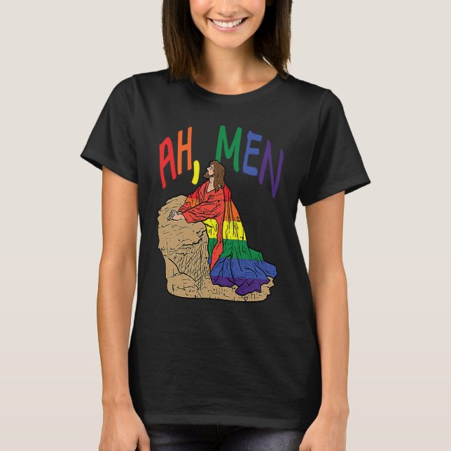 T-shirt Ah Men  LGBT Gay Pride Jesus Prayer Rainbow Flag (Devant)