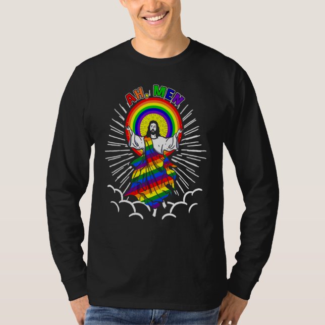 T-shirt Ah Men Lgbt Gay pride Jesus Rainbow Peace Flag (Devant)