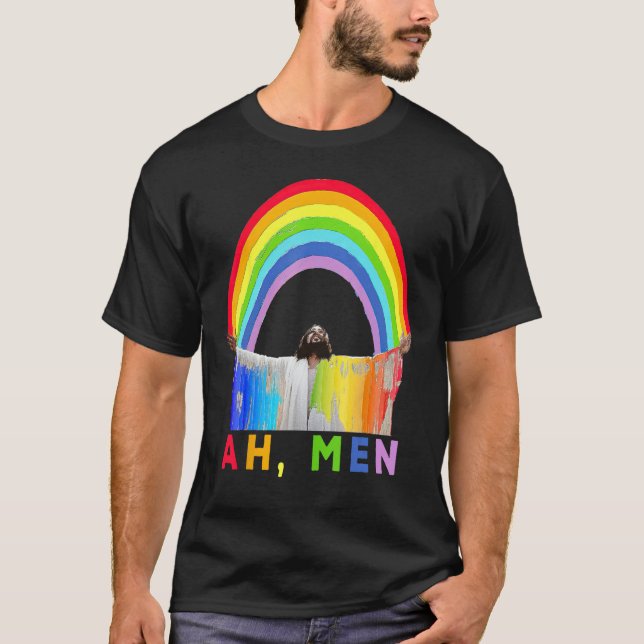 T-shirt Ah Men Rainbow Gay Jesus Christian Gay Rights Gay  (Devant)