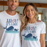 T-shirt Ahoy c'est un Garçon Ocean Whales Genre Reveal<br><div class="desc">Ahoy c'est un tee-shirt à thème océanique pour le genre révéler, faire-part de naissance, baby shower, sip et voir etc. "Ahoy ! c'est un garçon" est écrit dans la typographie décorative avec une bouée et le télescope du capitaine. Le design heureux des baleines est une jolie aquarelle de maman et...</div>