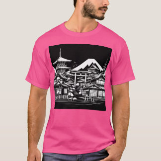T-shirt Ai Art Traditionnel Kyoto Bâtiments En Blanc Noir