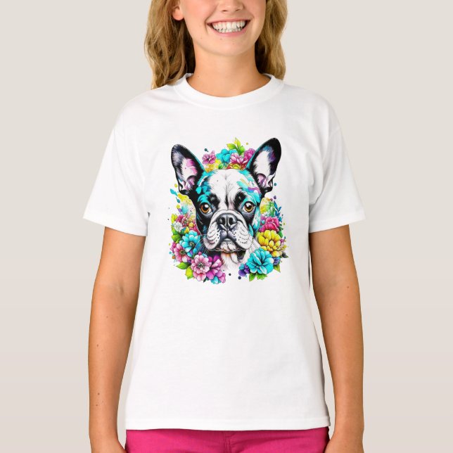 T-shirt Ai Boston Terrier entouré de fleurs (Devant)