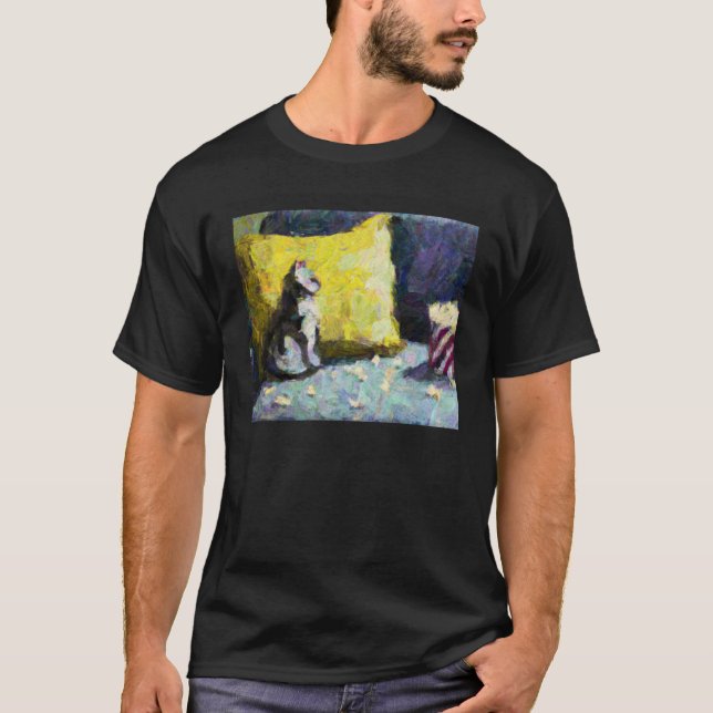 T-shirt AI Impressionist Cat Watching TV and Eating Popcor (Devant)