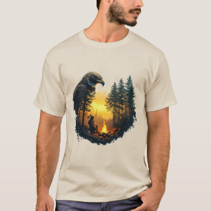 T-shirt 🦅 Aigle au-dessus d'un feu de camp sauvage au cou