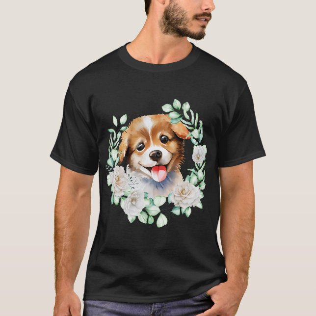 T-shirt Aimer Chiot avec Roses Blanches (Devant)