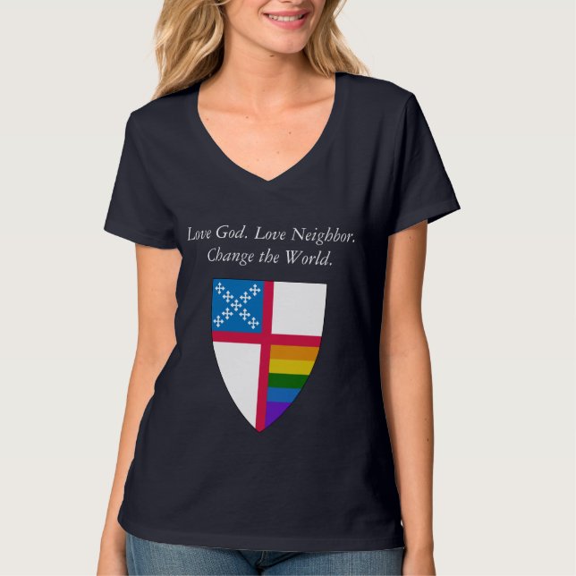 T-shirt Aimez Dieu. Aimez le voisin. LGBTQ épiscopal (Devant)