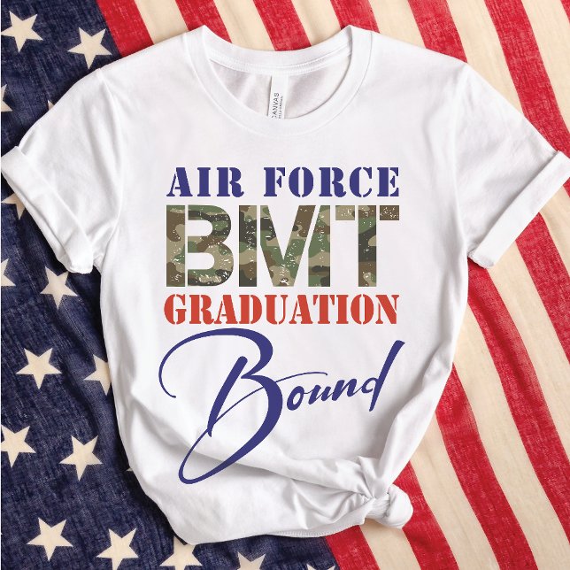 T-shirt Air Force BMT Graduation Bound Avant arrière (White USA Flag Air Force BMT Graduation Bound travel t-shirts, camouflage,  back side Airman name)