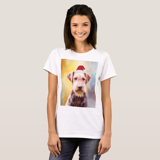 T-shirt Airedale Chien Noël Santa Hat Art Portrait (Devant entier)