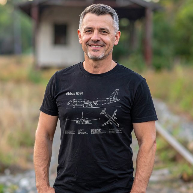 T-shirt Airplane Airbus A320 in Blueprint Drawing PD (Airplane Airbus A320 in Blueprint Drawing PD. Men Basic Black T-Shirt)