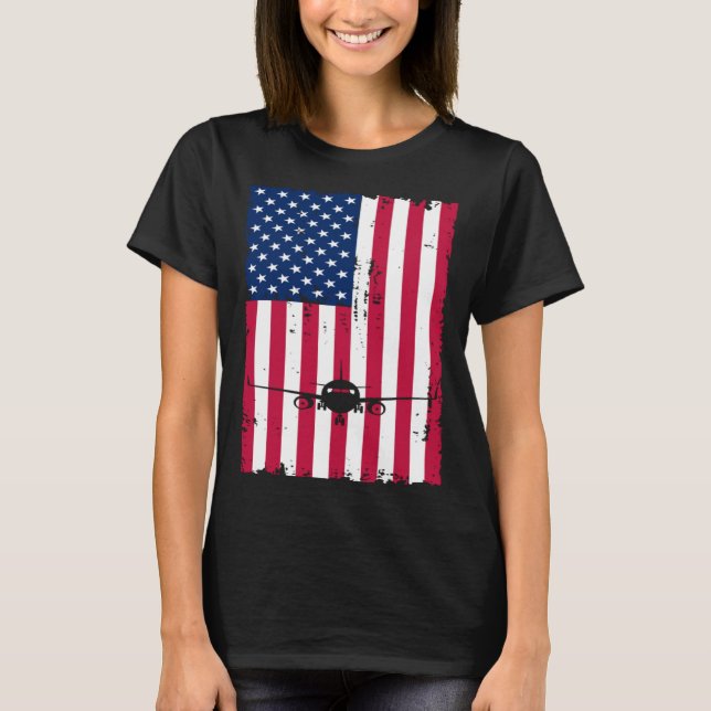 T-shirt Airplane American Flag Pilot Jet Aviation (Devant)