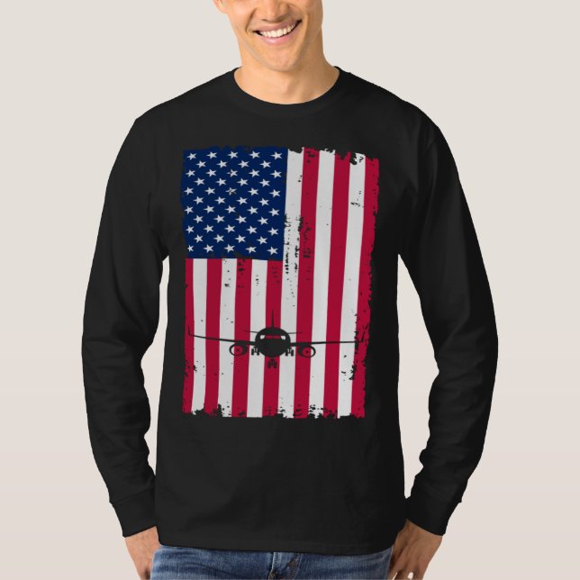 T-shirt Airplane American Flag Pilot Jet Aviation (Devant)
