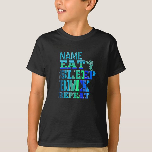 T-shirt Ajouter un nom Eat Sleep BMX Répéter Blue Text Bik (Devant)