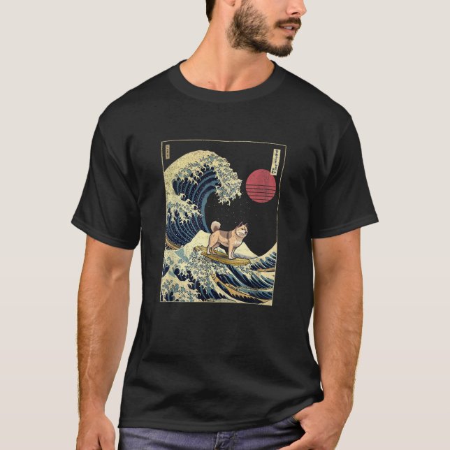 T-shirt Akita Japanese Kanagawa Wave Funny Surf Dog Men Wo (Devant)