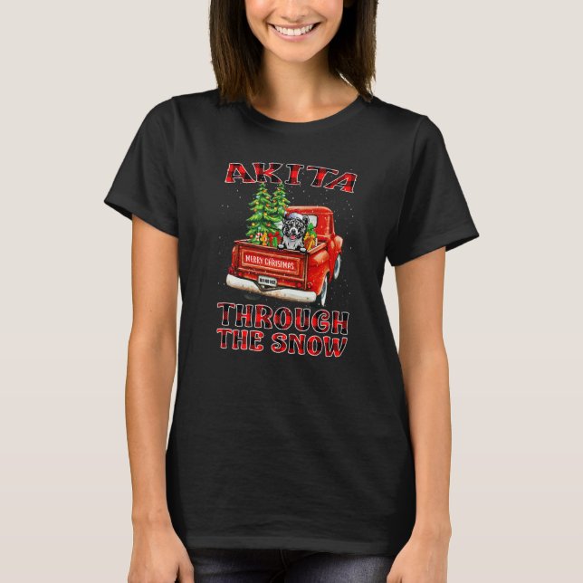 T-shirt Akita Through The Snow Christmas Dog Truck Plaid R (Devant)