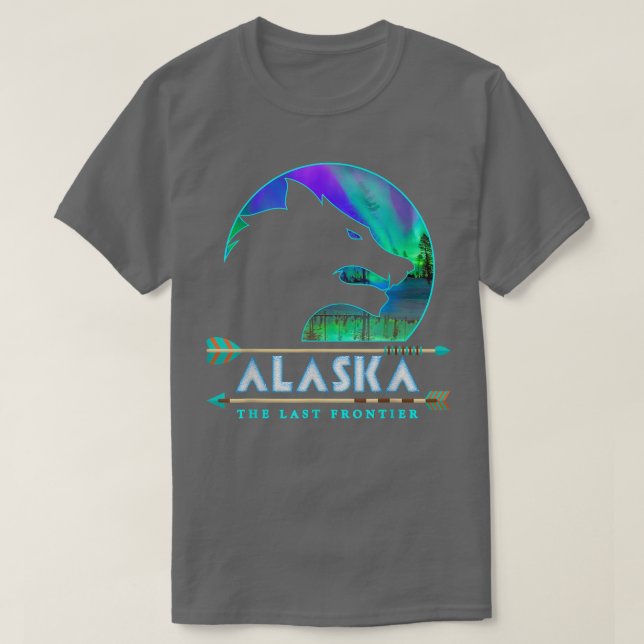 T-shirt Alaska State Alaskan Wolf with Aurora Borealis Sno (Design devant)