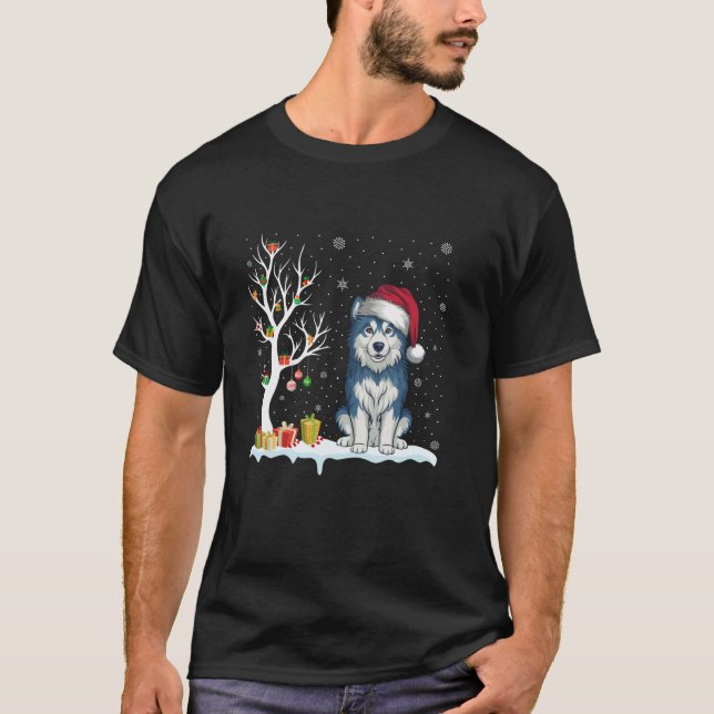 T-shirt Alaskan Malamute Chien Santa Hat Festif Tree Light (Devant)