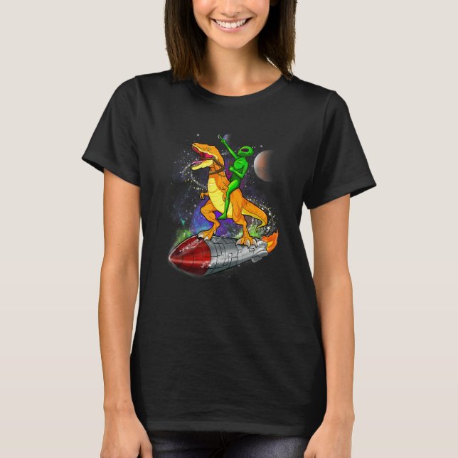 T-shirt Alien À Cheval Dinosaure Sur Rocket Dans L'Espace (Devant)