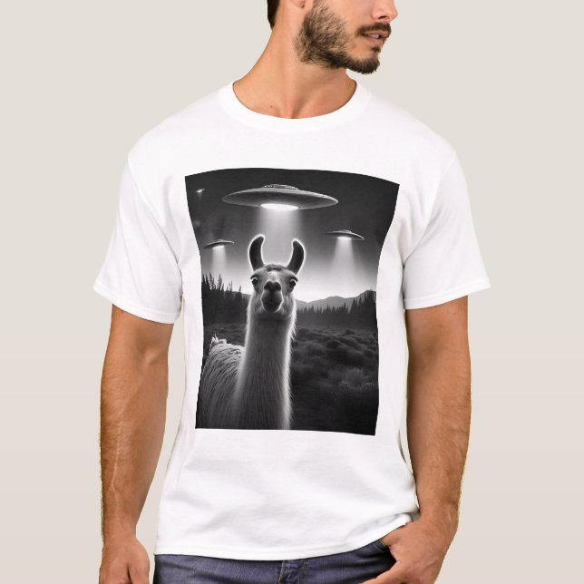 T-shirt Alien amusant Llama UFO Racoon Selfie avec des ovn (Devant)