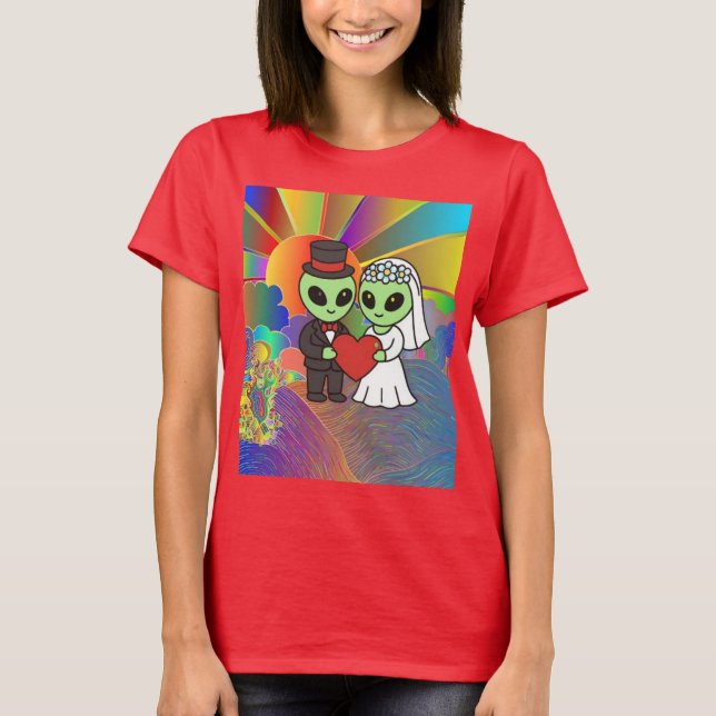 T-shirt Alien Bride and Groom Retro Neon Galactic Wedding  (Devant)