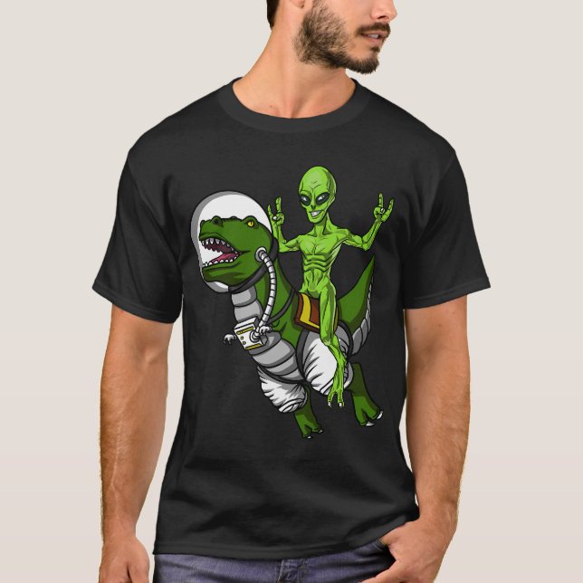 T-shirt Alien de l'espace à cheval sur un dinosaure T-Rex (Devant)