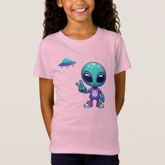 T-Shirt Alien de paix mignon et vaisseau spatial (Devant)