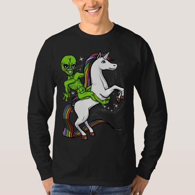 T-shirt Alien d'espace montant l'UFO magique de licorne (Devant)