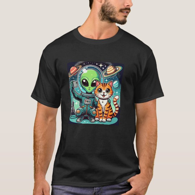 T-shirt Alien et chat drôle selfie de chat avec un alien v (Devant)