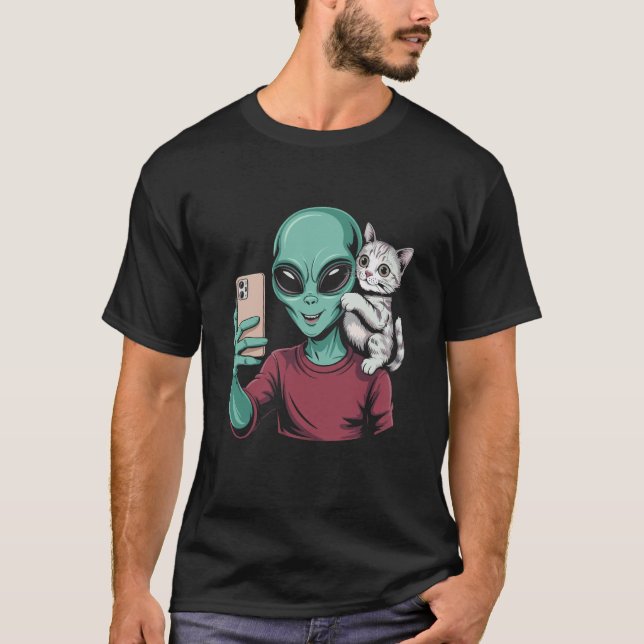 T-shirt Alien et chat selfie dans l'espace (Devant)