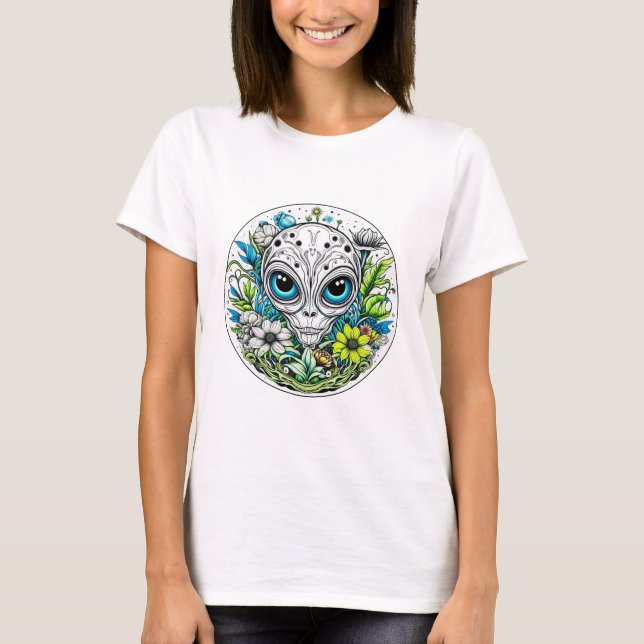 T-shirt Alien Extraterrestre dans Fleurs Nuit Étoilée (Devant)