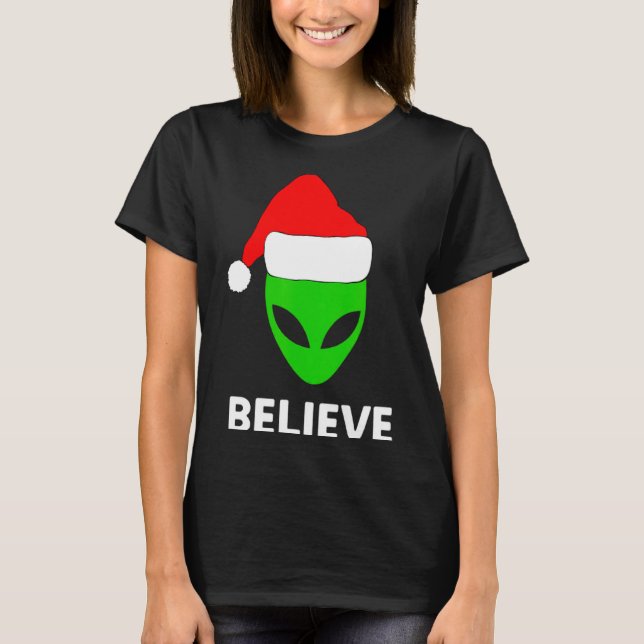 T-shirt Alien Green Face Christmas Santa Hat Believe  (Devant)