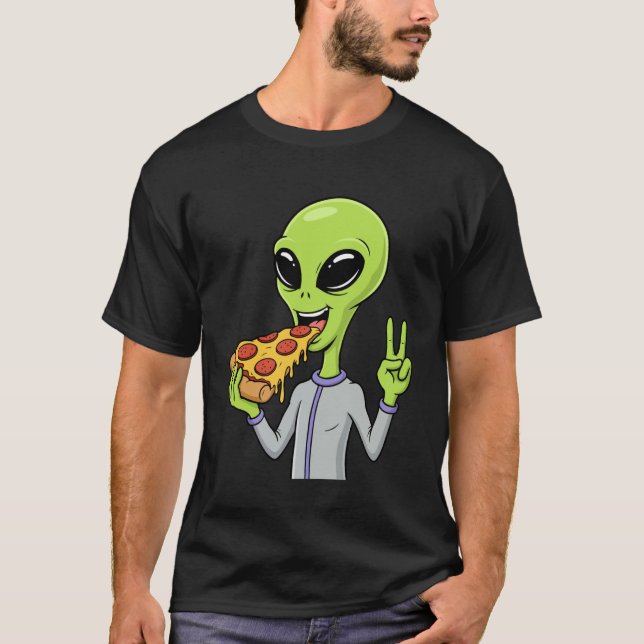 T-shirt Alien Head Eating Pizza UFO Extraterrestrial Snack (Devant)