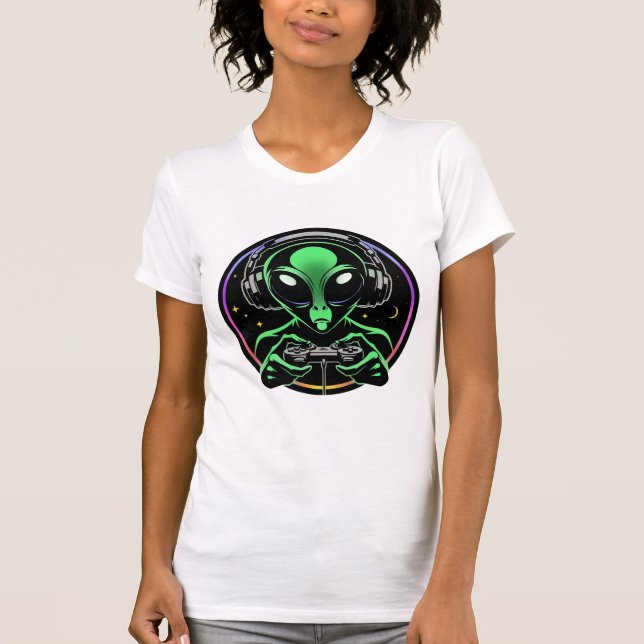 T-shirt Alien Jouant Aux Jeux Vidéo | Stellar Button Smash (Devant)