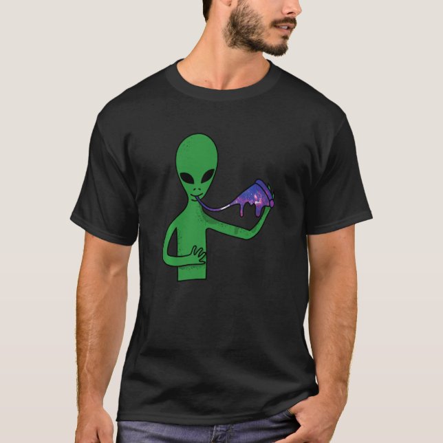 T-shirt Alien Mangeant Une Partie De Galaxy Pizza Drôle (Devant)