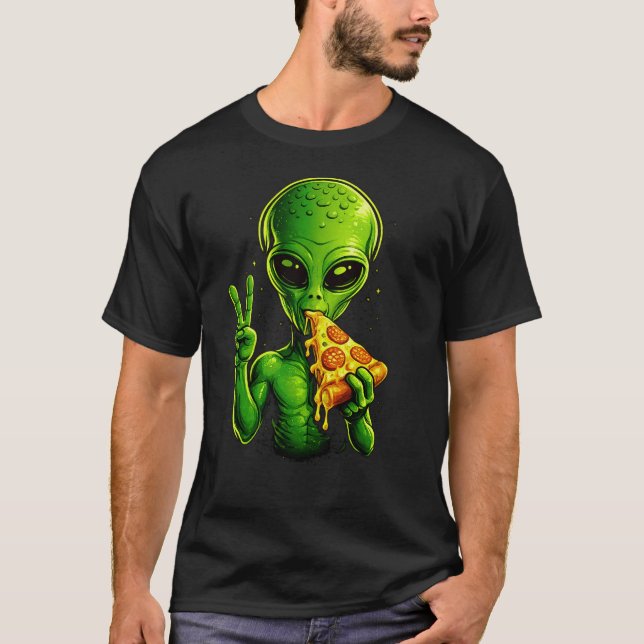 T-shirt Alien mangeant une pizza drôle art classique pizza (Devant)