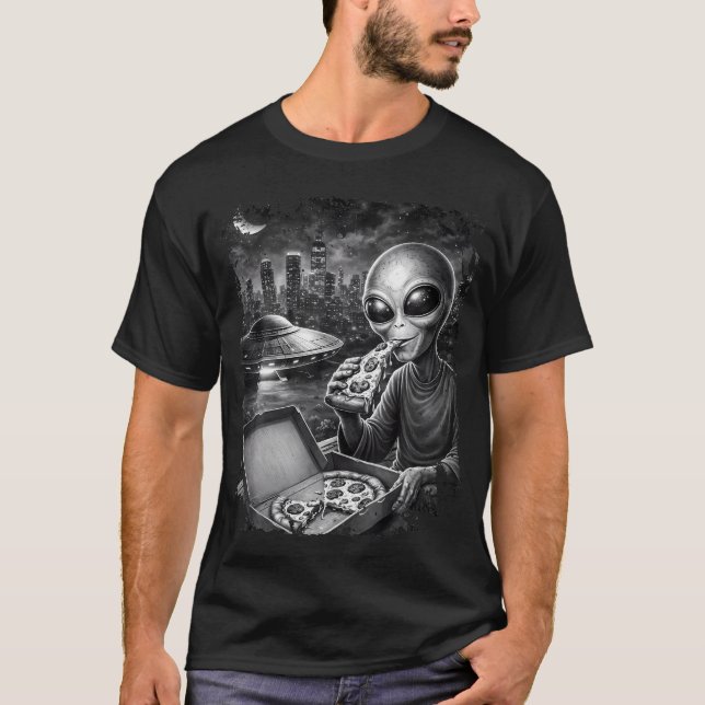 T-shirt Alien mangeant une pizza sur le toit d'Ufo City (Devant)