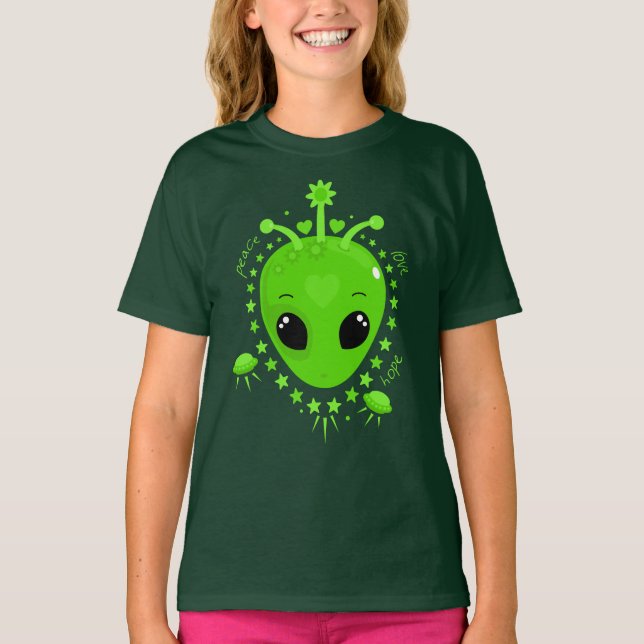 T-shirt Alien Peace Hope Love Cute Kawaii (Devant)