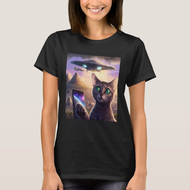 T-shirt Alien UFO Chat Selfie Galaxy Chat (Devant)