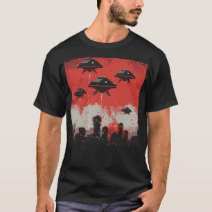 T-shirt Alien Ufo Ships Invasion Guerre Pixel Vintage Rétr