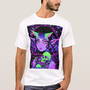T-shirt Alien vert et violet Elf Anime Girl
