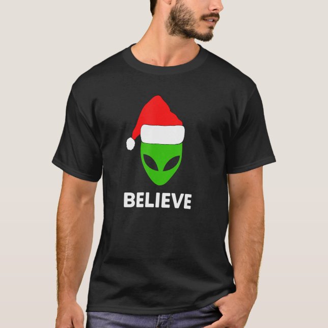 T-shirt Alien Vert visage Noël Père Noël Chapeau Croire (Devant)