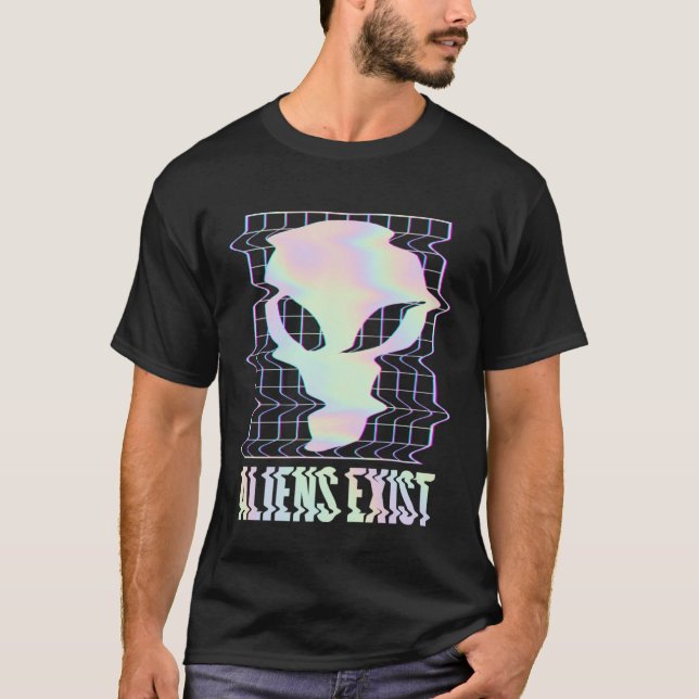T-shirt Aliens Exist Indie Aesthetic Glitch Alien UFO Retr (Devant)
