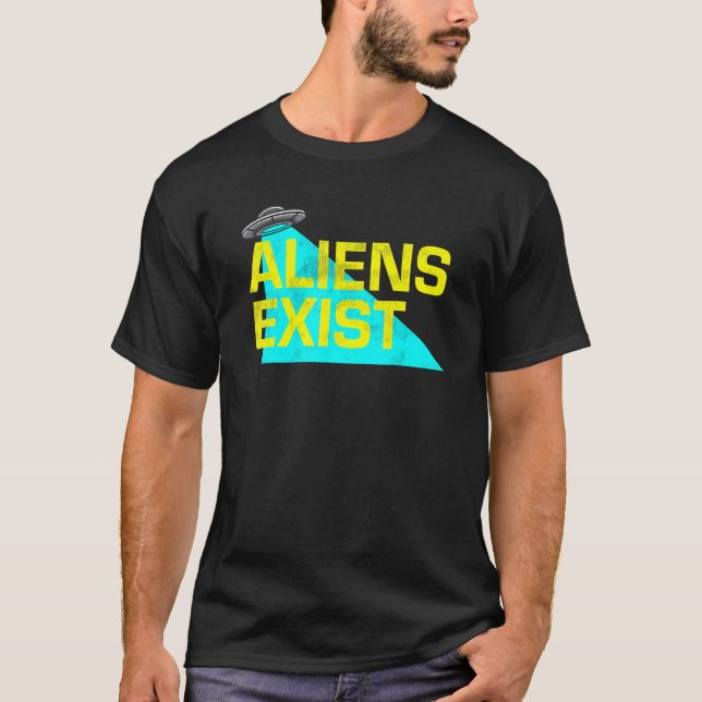 T-shirt Aliens Exist Ufo Blue Light Illustration Style Dec (Devant)