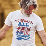 T-shirt All american grandpa 4th july patriotic family<br><div class="desc">Celebrate July the fourth with this patriotic t-shirt featuring the wording "All American grandpa" in red and light blue retro-style fonts over the iconic USA stars and stripes flag. Easily customizable with your name, this t-shirt is perfect for any 4th of July party or family reunion, or even just to...</div>
