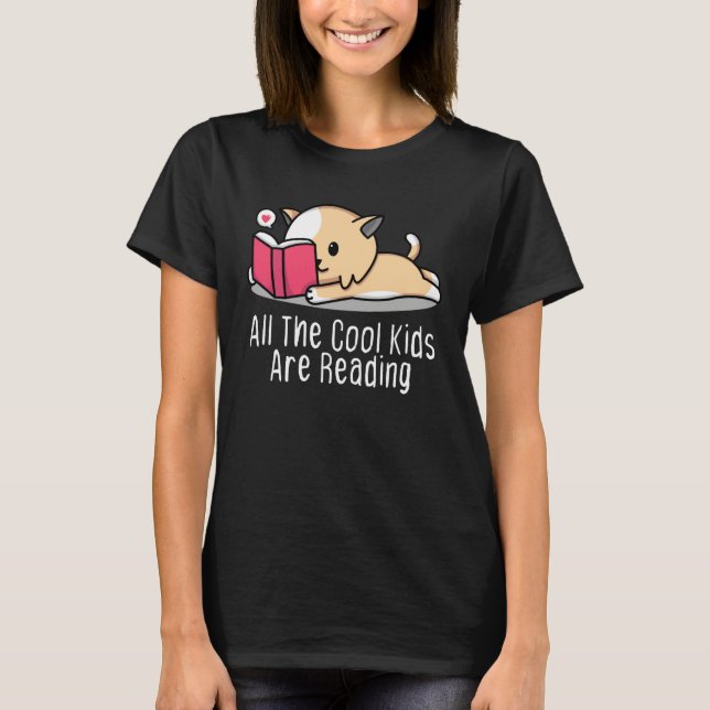T-shirt All the Cool Kids are Reading Book Cat (Devant)